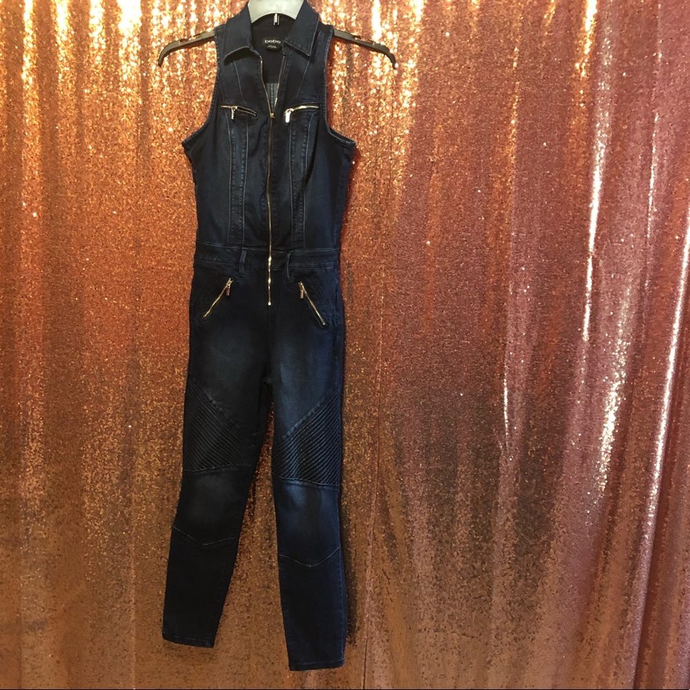 bebe denim jumpsuit